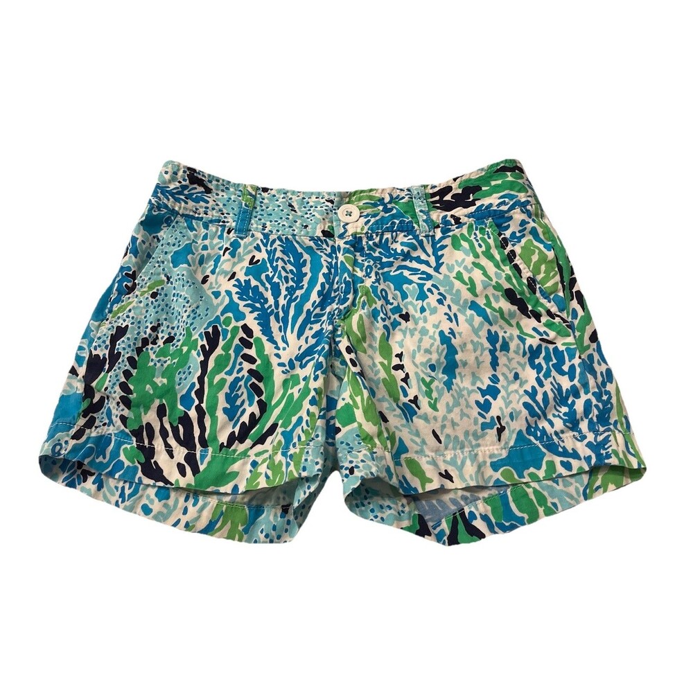 Lilly Pulitzer Callahan Shorts Blue Green Spa Lets Cha Cha Print Cotton Size 00